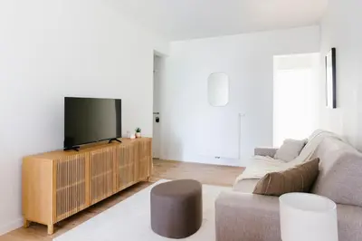a living room with a couch and a television at High-end flats at South area in Antwerp