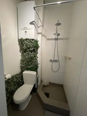 a bathroom with a toilet and a green wall at Private studio in Antwerp in Antwerp