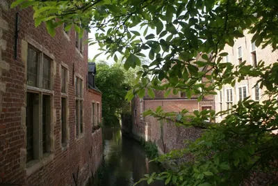 a narrow canal between two brick buildings in an alley at Guest House Feliz in Leuven