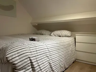 a dog laying on a bed in a bedroom at Brussels center flat in Brussels
