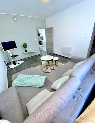 a large couch in a living room with a television at appartement douvres in Brussels