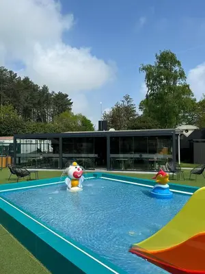a swimming pool with two inflatable toys in the water at Vakantiepark Breebos: Empty Lots for tents and mobile homes in Rijkevorsel
