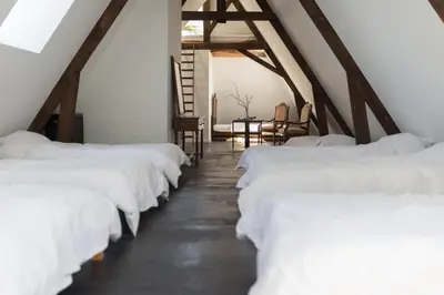 a row of white beds in a room at Edville Home in Ghent