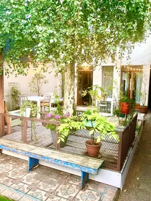 a picnic table under a tree with potted plants on it at foodiejive appartement 2 in Antwerp