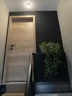 a hallway with a door and a potted plant at Chez Roya in Zaventem