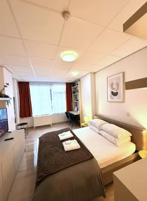 a bedroom with a large bed and a television at Heart of Grand Place Beautiful Studio in Brussels