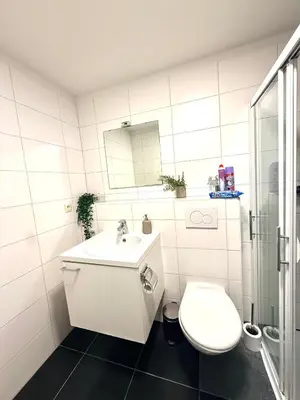 a white bathroom with a toilet and a sink at Heart of Grand Place Beautiful Studio in Brussels