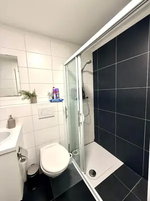 a bathroom with a shower and a toilet and a sink at Heart of Grand Place Beautiful Studio in Brussels