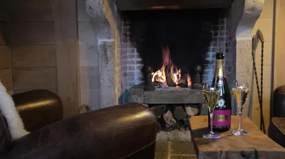 a fireplace with two bottles of wine and two glasses at B&B Hemel & Haard in Assenede