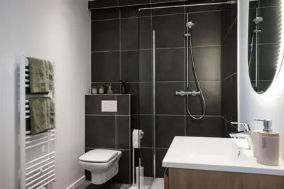 a bathroom with a shower and a toilet and a sink at De verloren hoek in Aarschot