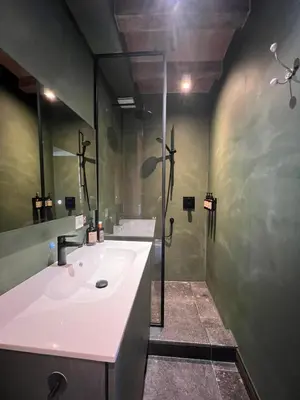 a bathroom with a sink and a shower at Het Ovenhuisje in Denderwindeke