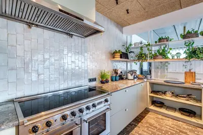 a kitchen with stainless steel appliances and plants at Gare 55 in Evergem