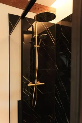 a shower in a bathroom with a black marble wall at De Pastorie Alsemberg B&B in Beersel