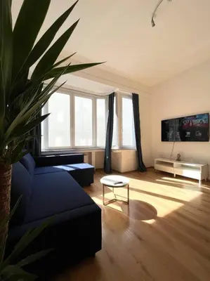a living room with a blue couch and a plant at Amazing flat-Center of Brussels in Brussels