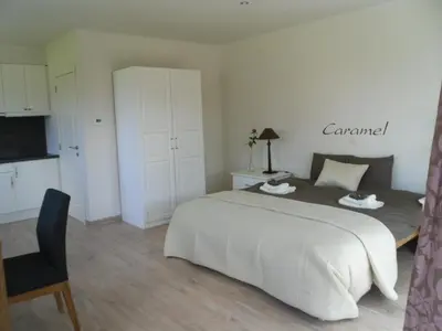 a bedroom with a bed and a desk and a chair at B&B Caramel in Turnhout