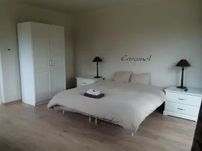 a bedroom with a bed and two dressers and two lamps at B&B Caramel in Turnhout