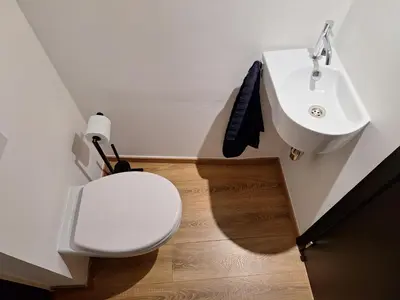 a bathroom with a white toilet and a sink at Huis ALNA 4 in Mechelen