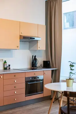 a small kitchen with a stove and a table at Romantische Studio in Harmoniewijk in Antwerp