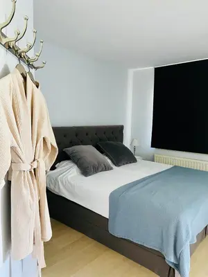 a bedroom with a large bed with a black headboard at B&B Aline Florentine - adults only - Luxury B&B - Chambres d'Hôtes - Zimmer Frei in Kortenberg