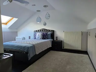 a bedroom with a large bed and a window at Le gîte des Ambres in Denderleeuw