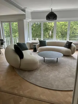 a living room with two couches and a table at Cosy apartment with park view in Ghent