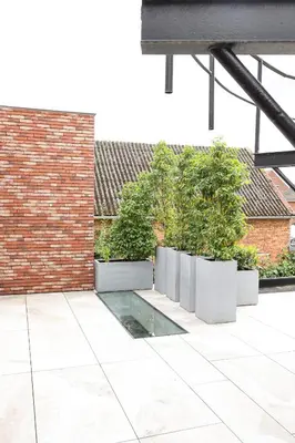 a courtyard with a row of potted plants at Brand New Apartment Sint-niklaas in Sint-Niklaas