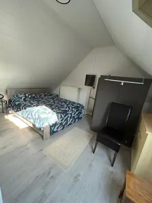 a attic bedroom with a bed and a chair at Duivenboshuisje in Herzele