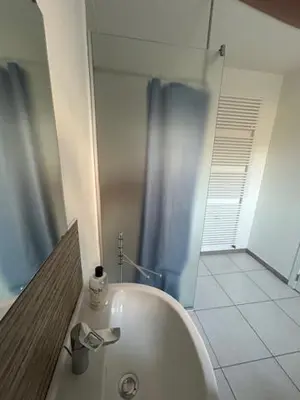 a bathroom with a bath tub and a shower at Duivenboshuisje in Herzele