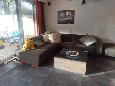 a living room with a brown couch and a table at Lux & Cozy Apt + Garden +Jaccuzi in Antwerp