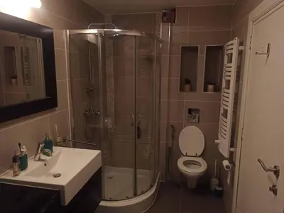 a bathroom with a shower and a toilet and a sink at Lux & Cozy Apt + Garden +Jaccuzi in Antwerp