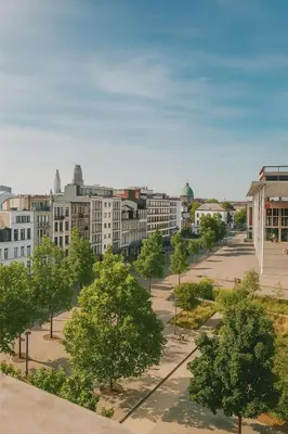 an aerial view of a city with trees and buildings at Cityview Modern Apartment with Balcony in Antwerp