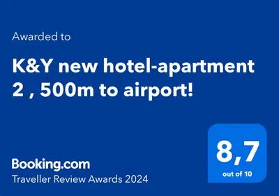 a blue screen with the words key new hotelarantarant to at K&Y suites 2 Brussels airport 500m! in Zaventem