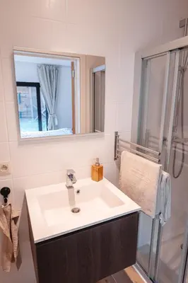 a bathroom with a sink and a shower at K&Y suites 3 Brussels airport 500m! in Zaventem