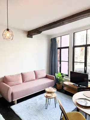 a living room with a pink couch and tables at Cosy Appartement Nammos 1 - 4 p in Antwerp
