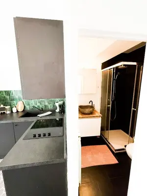 a kitchen with a sink and a stove top oven at Cosy Appartement Nammos 1 - 4 p in Antwerp