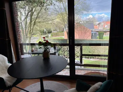 a table with a vase of flowers on a window at Efes home in Ghent