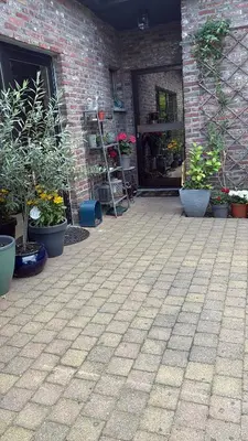a patio with potted plants in front of a building at Efes home in Ghent