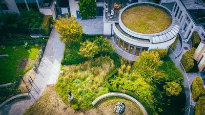 an overhead view of a building with a garden at Youth Hostel van Gogh in Brussels