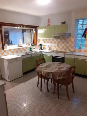 a kitchen with green cabinets and a table with chairs at Wenceslas Cobergher IV in Bertem