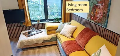 a living room with a couch and a window at LodgeRivierenhof in Antwerp