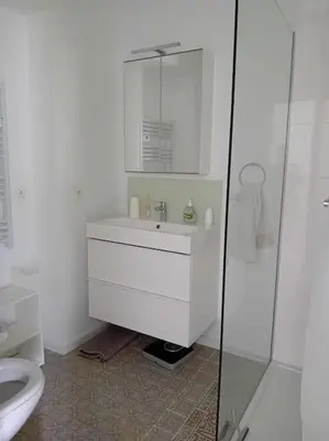 a white bathroom with a sink and a toilet at Spacieux Appartement 1 chambre double & jardin in Brussels