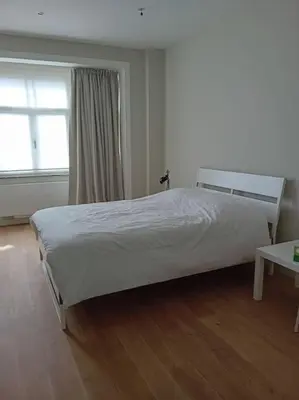 a bedroom with a white bed and a window at Spacieux Appartement 1 chambre double & jardin in Brussels