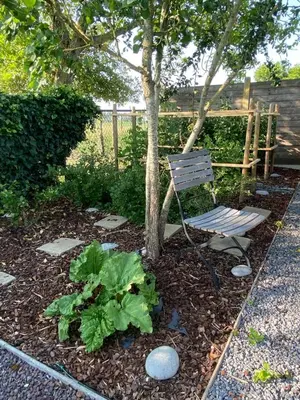 a bench sitting next to a tree in a garden at Miranius Rey in Lede