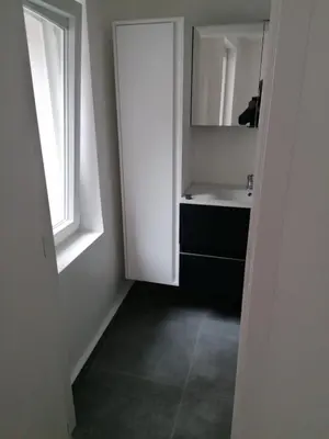 a white bathroom with a sink and a mirror at Stay in maison de metre in Etterbeek in Brussels