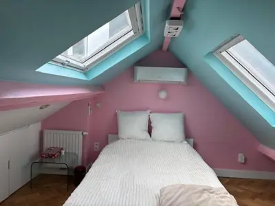 a bedroom with pink and blue walls and a bed at Stay in maison de metre in Etterbeek in Brussels