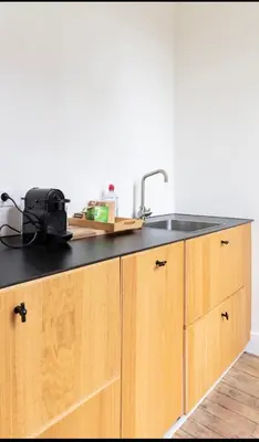 a kitchen with a sink and wooden cabinets at Bohemian city loft in Ghent
