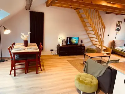 a living room with a table and chairs and a television at Camus Flats in Brussels