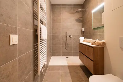 a bathroom with a shower and a toilet and a sink at SYBA Gastenverblijf in Evergem