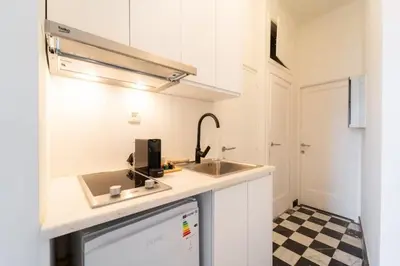 a white kitchen with a sink and a counter at Urban Cityflats - Center Antwerp in Antwerp