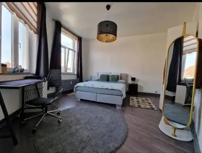 a bedroom with a bed and a desk and a mirror at Ailes Center 3 in Brussels